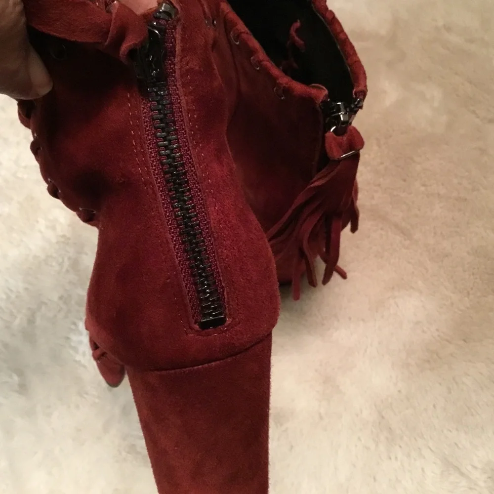 Karl Lagerfeld Sylvia Burgundy Red Chunky Heel Suede Ankle Boots Tassels - 6